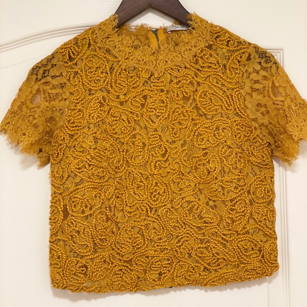 Zara Embroidered Mustard Lace Blouse
